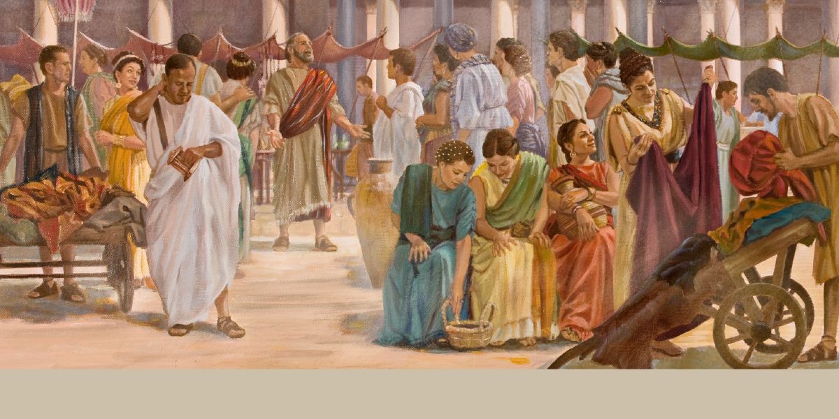 Paul preaches to a crowd of people on a street in Ephesus