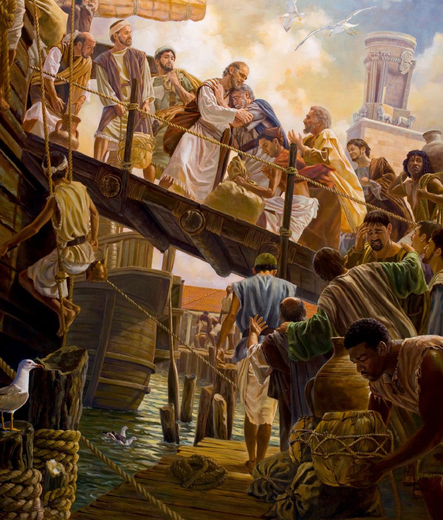 Paul and his companions board a ship; the elders weep as they say goodbye to Paul