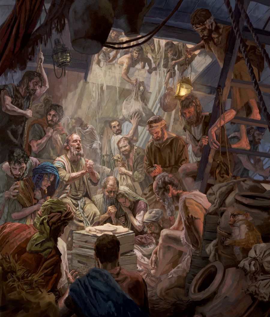 Paul prays for weary travelers in the hold of a cargo ship