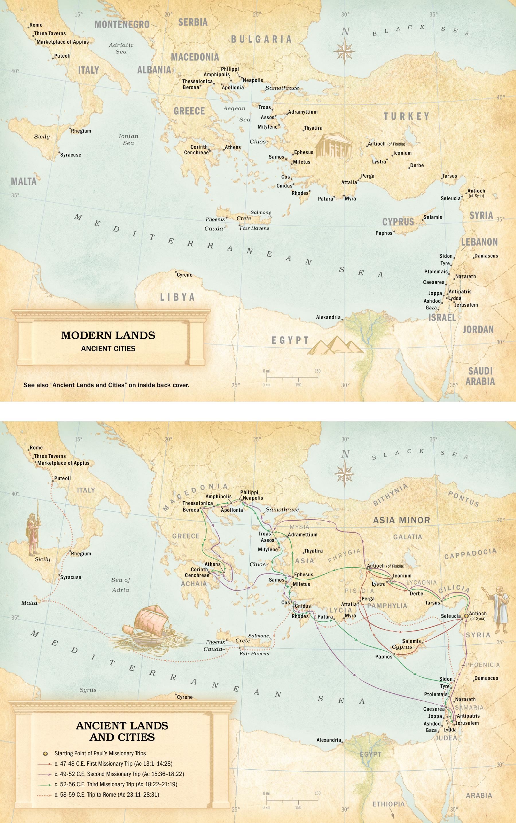 A map of modern lands and ancient cities; a map of ancient lands and cities, including Paul’s missionary trips