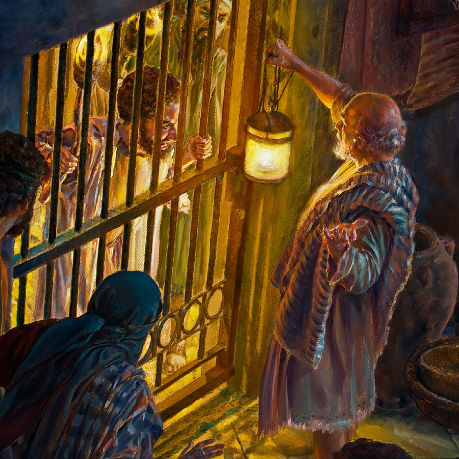 An angry mob outside a gated courtyard
