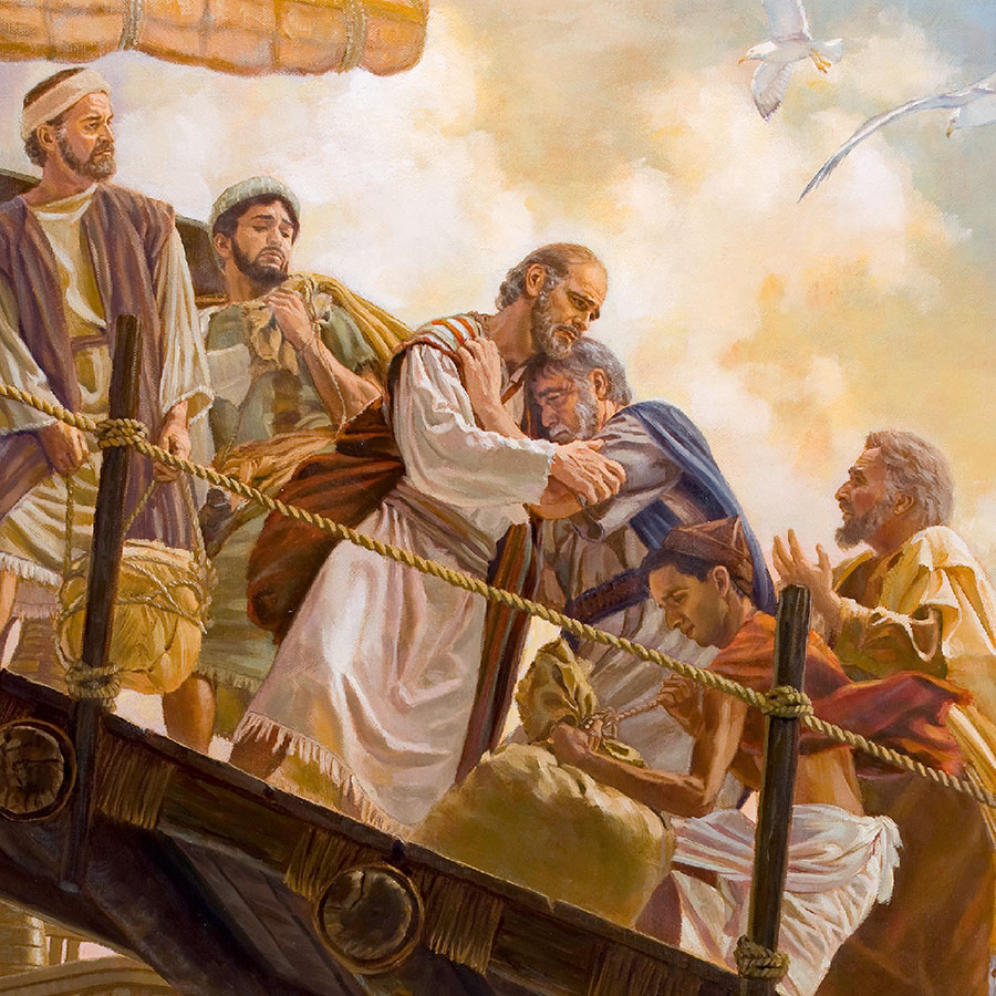 Paul and his companions board a ship; the elders weep as they say goodbye to Paul
