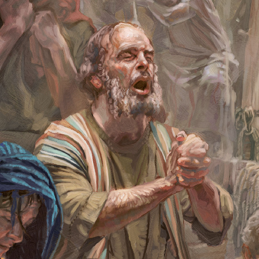 Paul prays for weary travelers in the hold of a cargo ship