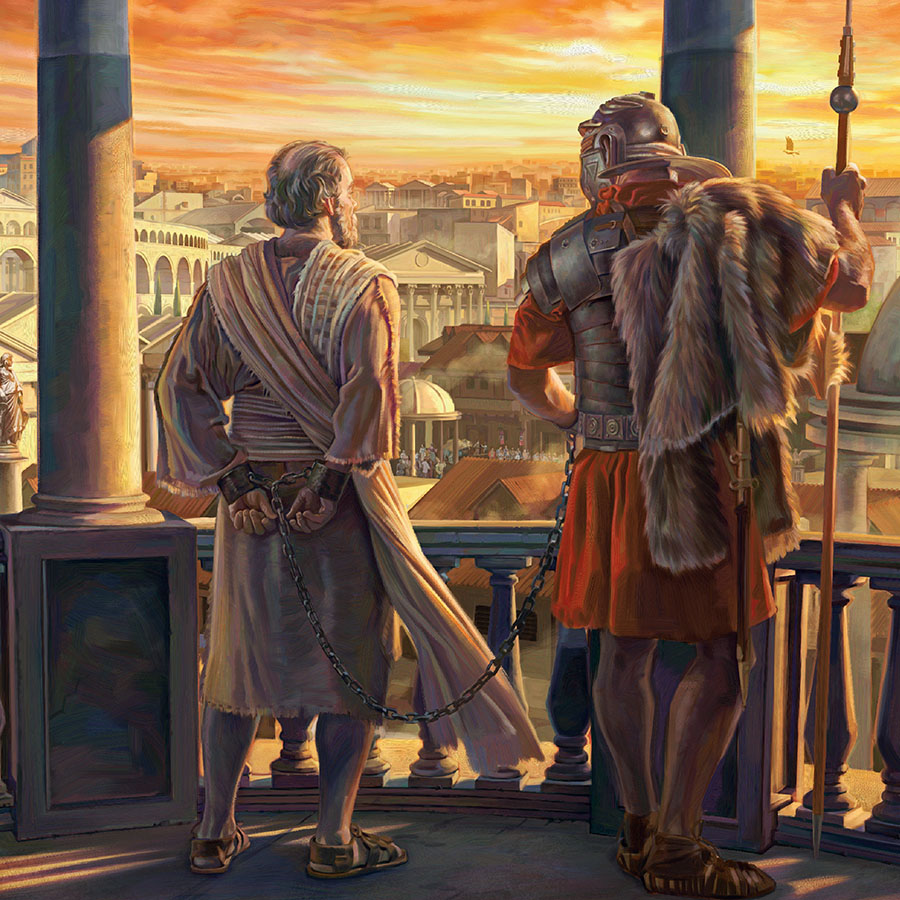 Paul views the city of Rome, while chained to a soldier