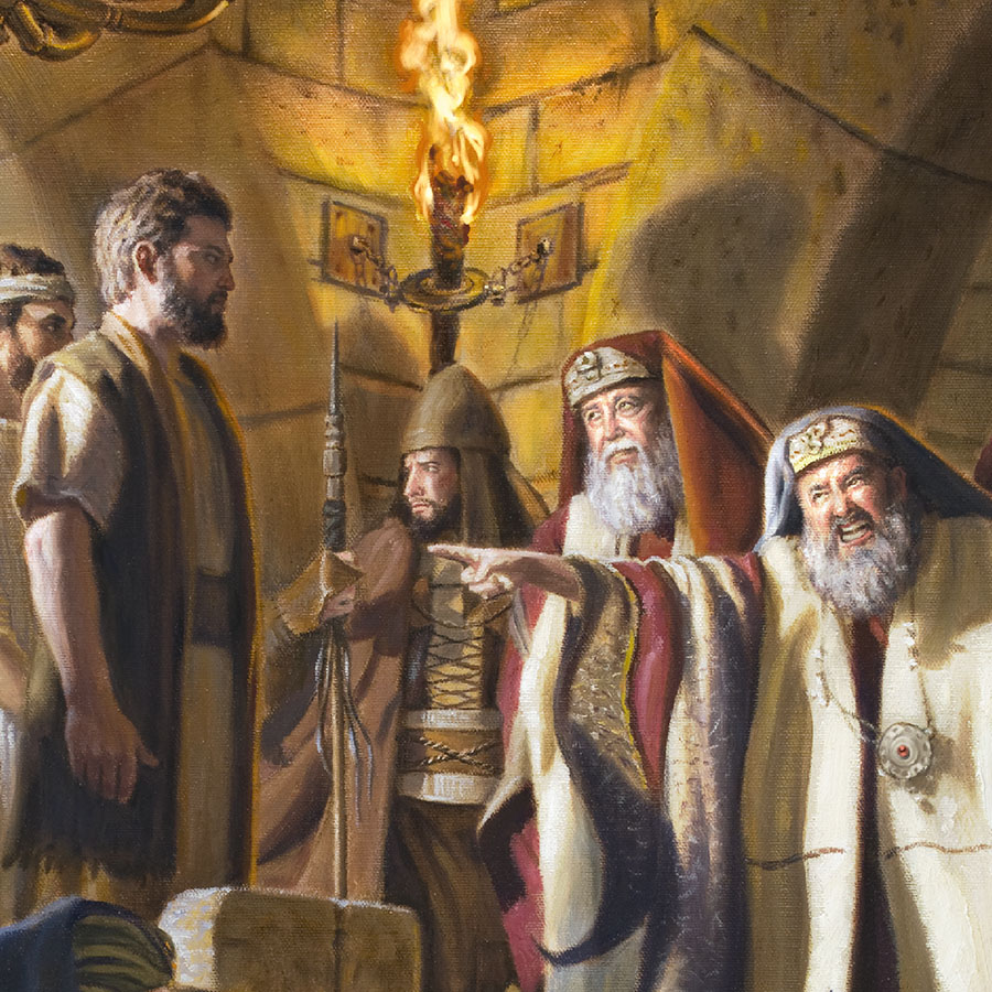 The apostles stand before Caiaphas