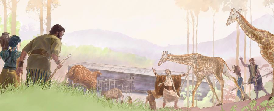 Noah and his family gather the animals to go into the ark