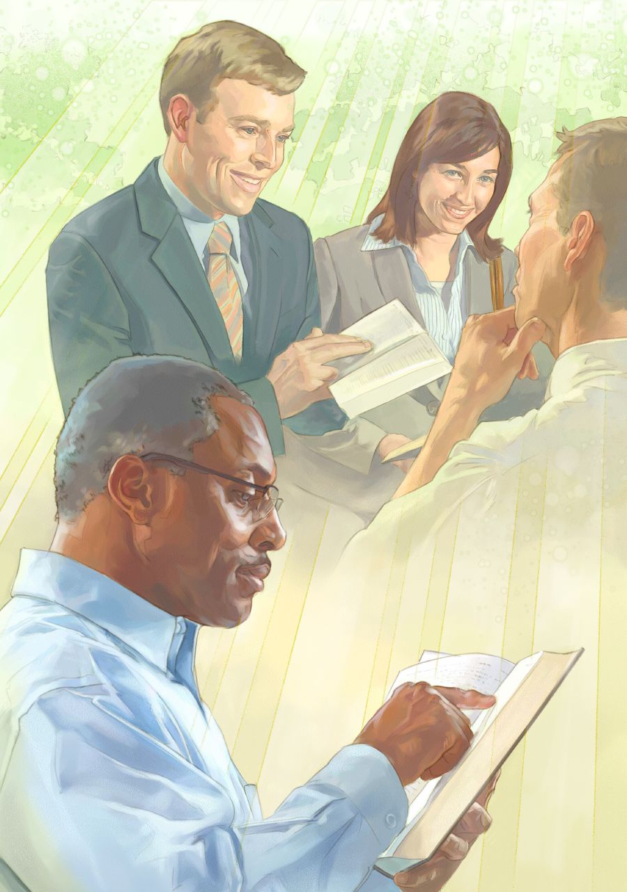 Jehovah’s Witnesses use the Bible to preach to a man; a man reads the Bible