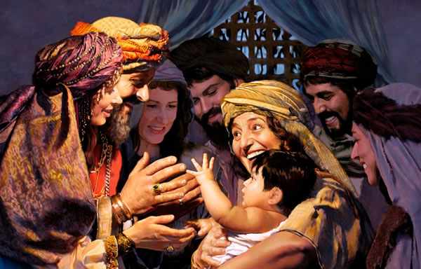 Naomi is holding Ruth and Boaz’ son while others look on
