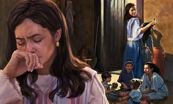 Proud Peninnah, surrounded by her children, smugly looking at Hannah weeping