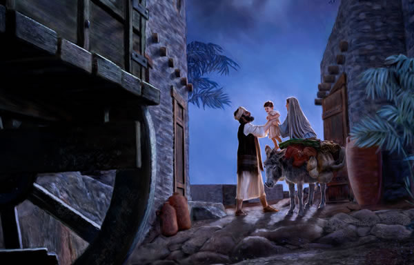 Under the cover of darkness, Joseph hands little Jesus to Mary as they prepare to leave
