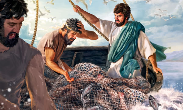 Jesus in the boat with Peter and Andrew as the boat starts to sink under the weight of many fish