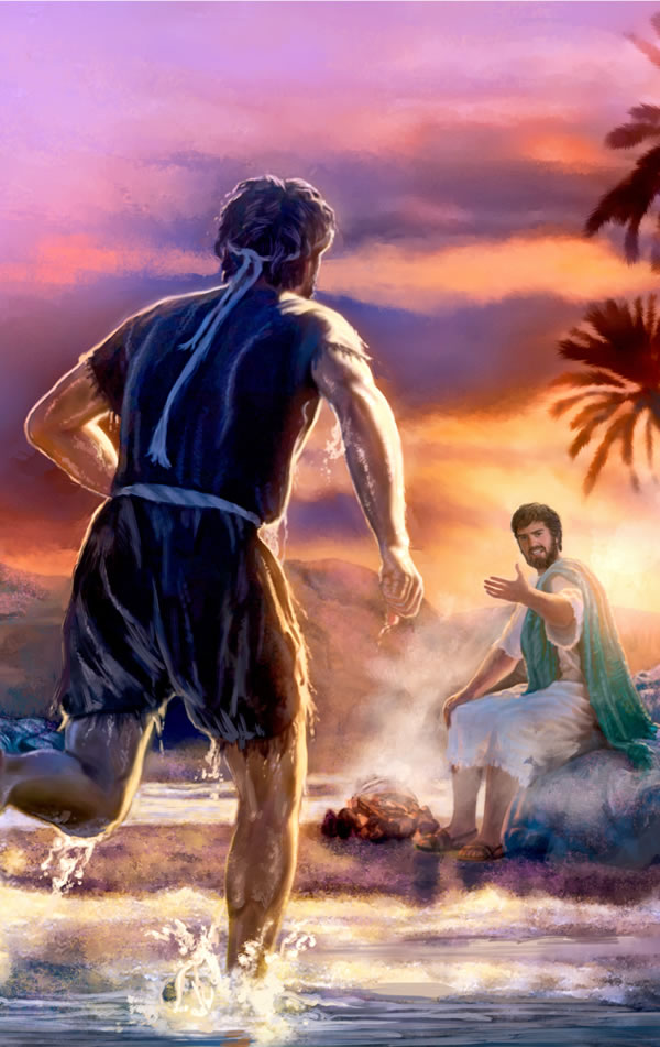 Peter at the shore running to meet Jesus