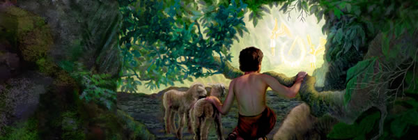 Young Abel looking at the cherubs near the entrance of the garden of Eden