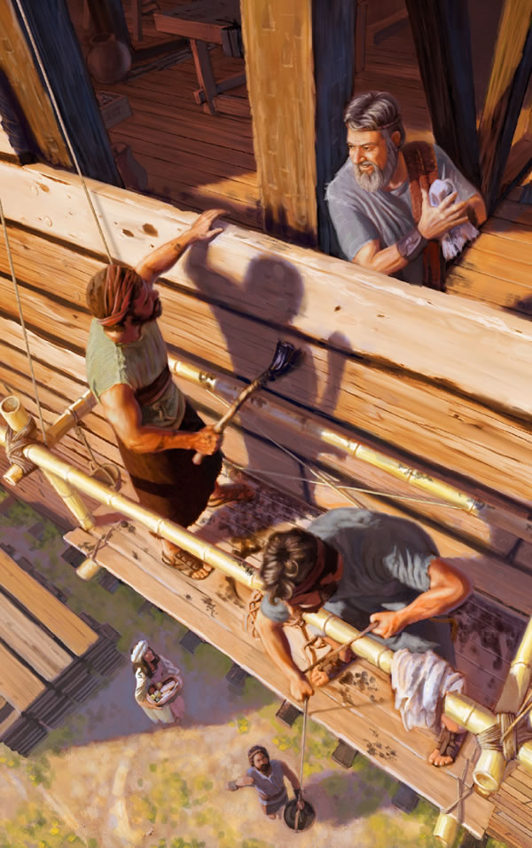 Noah and his family working together to construct the ark