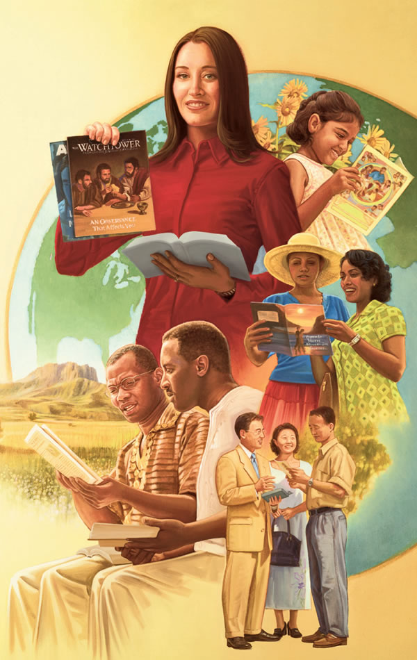 Jehovah’s Witnesses in different countries preaching the good news of the Kingdom in many languages
