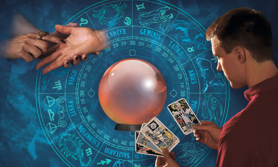 1) An astrology chart; 2) A palm-reader examines a woman’s hand; 3) A man using tarot cards; 4) A crystal ball