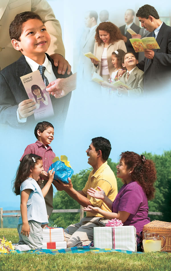 Scenes of a family preaching the good news, worshipping together at a Christian meeting, and exchanging gifts at a picnic