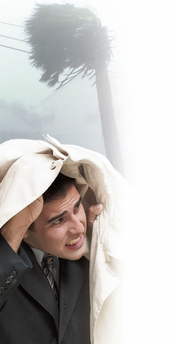 A man seeking protection during a storm