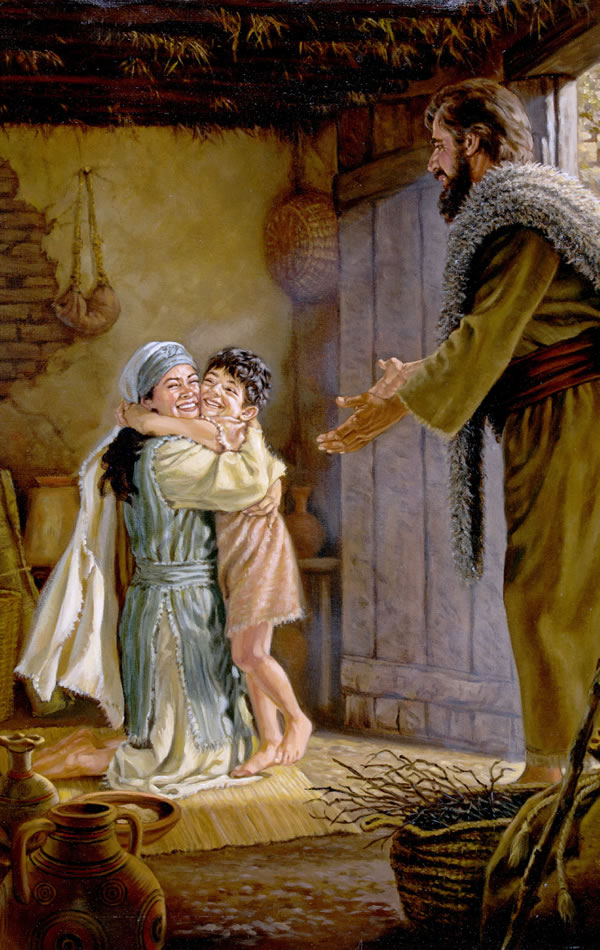 A widow joyfully receiving her resurrected son from the prophet Elijah