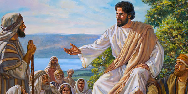 Jesus teaches with words of wisdom in the Sermon on the Mount