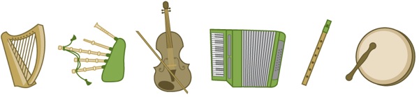 1. Celtic harp; 2. Irish bagpipes; 3. fiddle; 4. accordion; 5. tin whistle; 6. bodhran (drum)