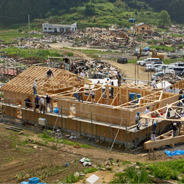 Relief workers rebuilding a Kingdom Hall in Japan