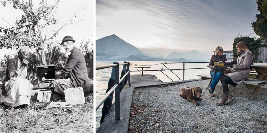 1. Using a phonograph to hear the Bible’s message in the late 1930’s; 2. A Bible study in an outdoor setting in Switzerland today