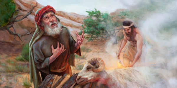 Abraham and Isaac sacrificing a ram provided by Jehovah