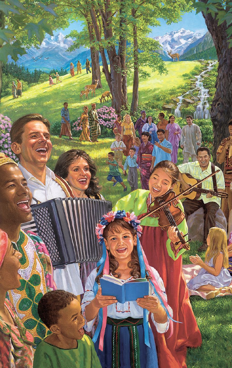 People sing, play musical instruments, and enjoy life in the new world