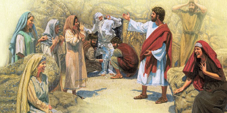 Jesus resurrects Lazarus, as his family and friends rejoice