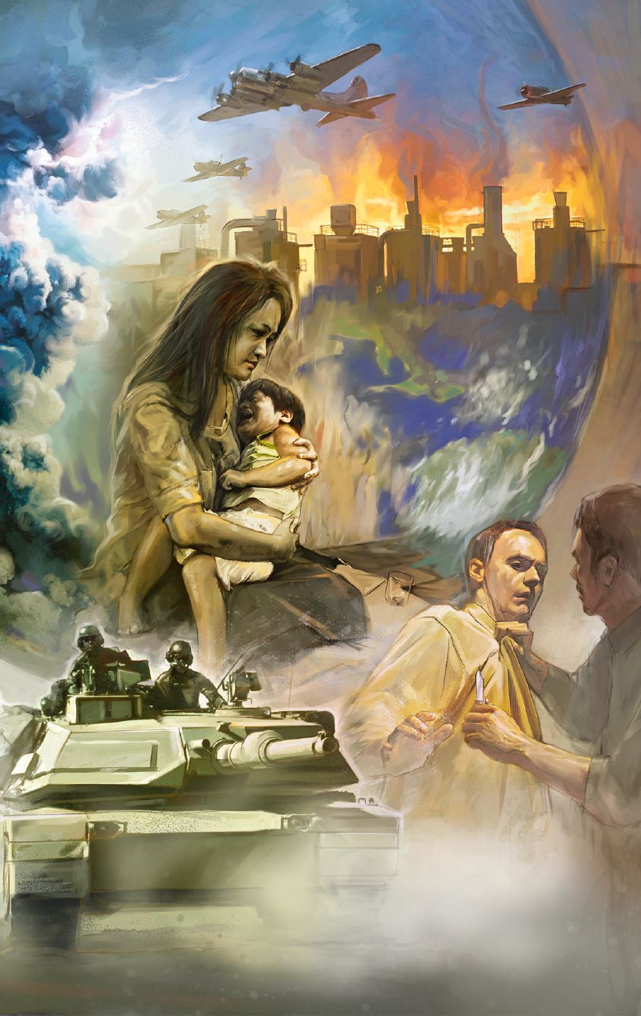 Scenes of distress, war, crime, and pollution