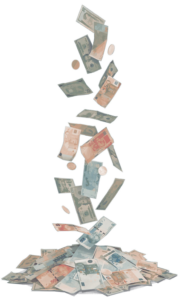 Money floats down into a pile