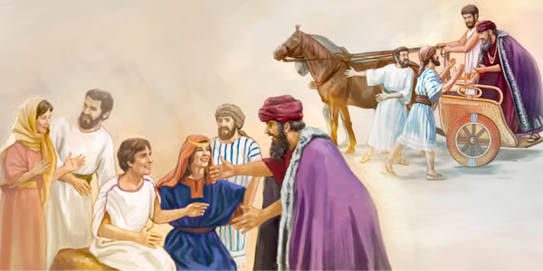 The official is met by his slaves and returns home to his son who was healed by Jesus