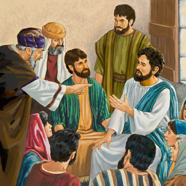 Jesus tries to reason with the scribes and Pharisees; some traveling with him look on