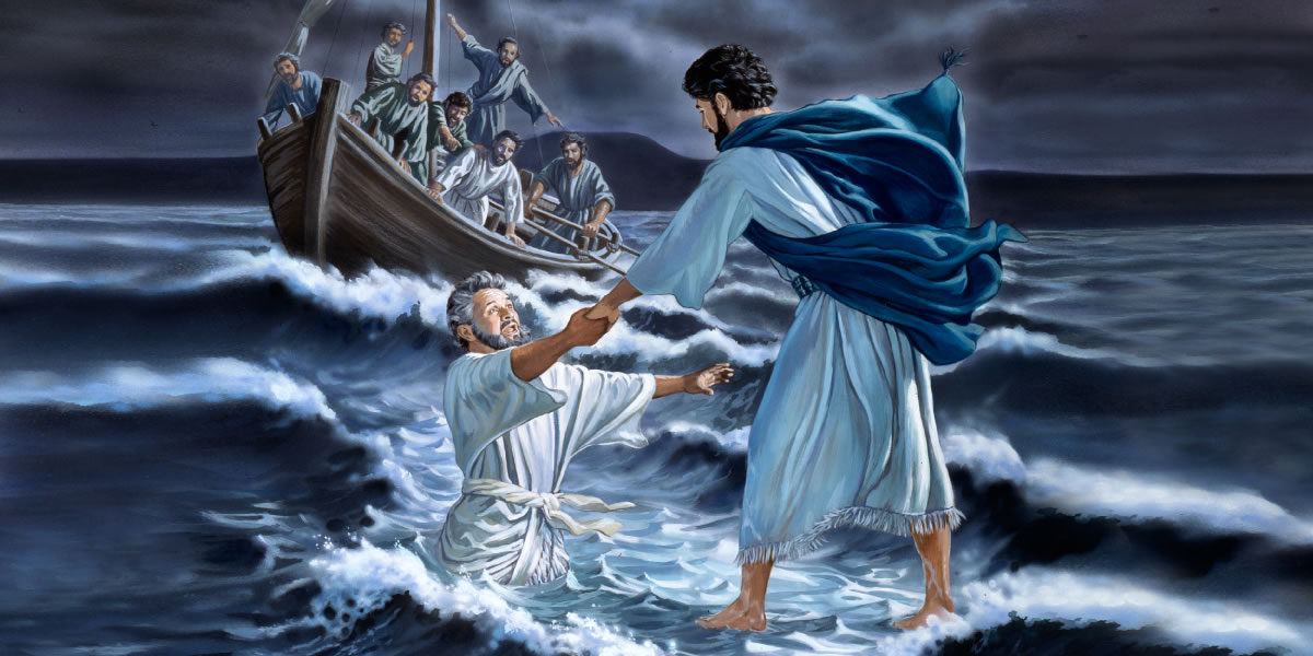 As Peter walks on water, he starts to sink; Jesus stretches out his hand and catches him