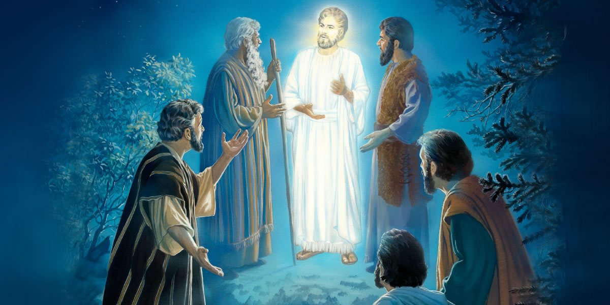 Jesus is transfigured before Peter, James, and John; the figures of Moses and Elijah appear