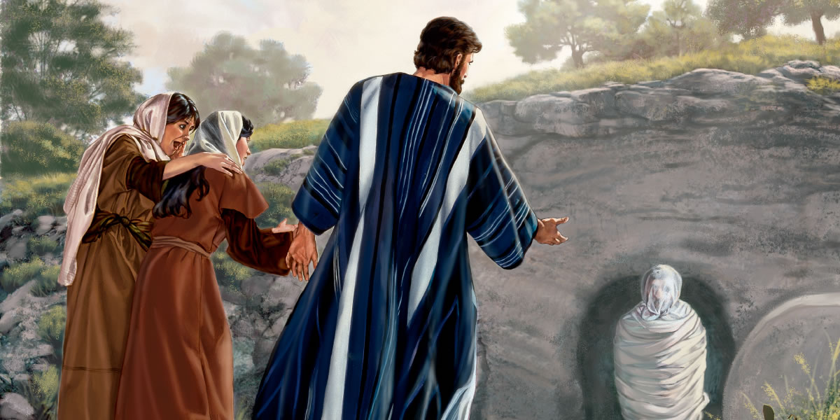 Mary and Martha watch as Jesus resurrects their brother Lazarus