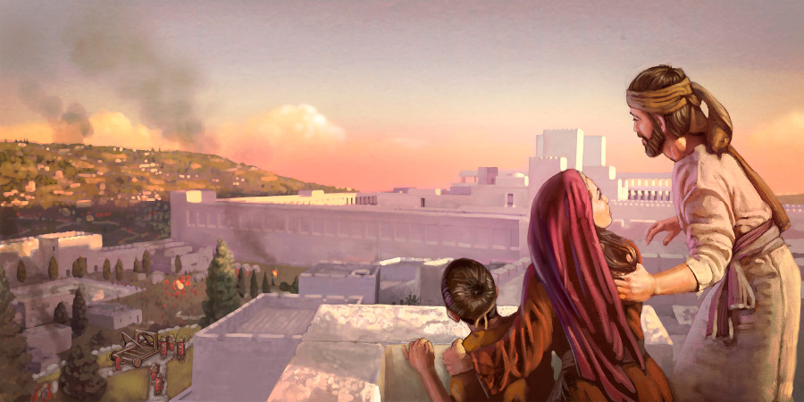 A first-century Christian family watches from a rooftop as the temple’s outer wall is undermined