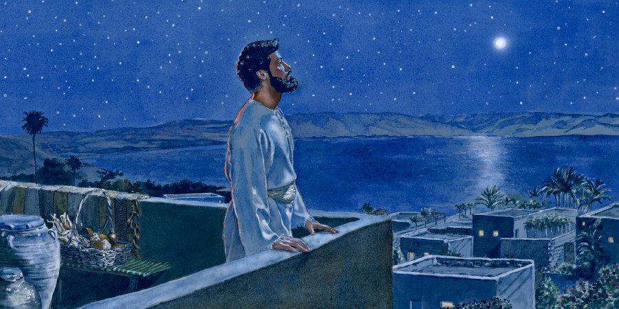 A man in Bible times meditates on a rooftop at night