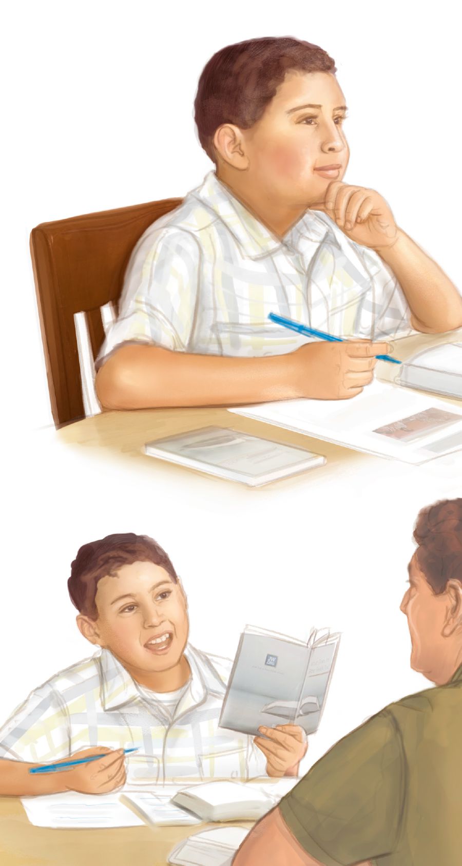 A father uses study guides from jw.org and the Bible Teach book to study with his young son