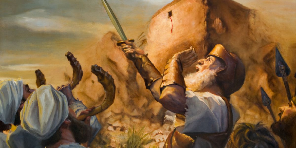 Priests blow ram’s horns, Joshua shouts a war cry, and Jericho’s wall starts to fall down