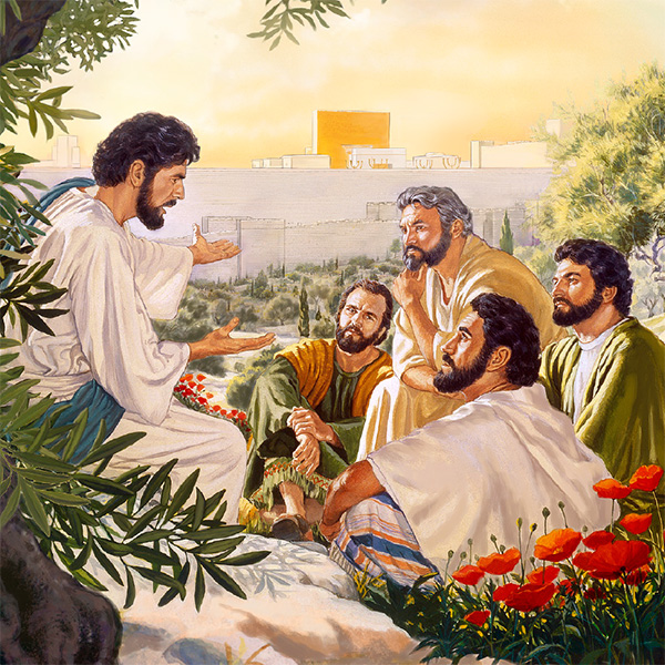 On the Mount of Olives, Jesus speaks with some of his apostles