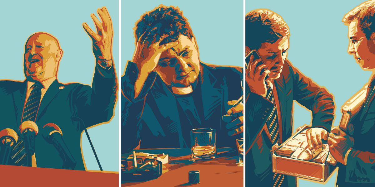 A politician gives a speech, a priest drinks and smokes, and two businessmen steal money