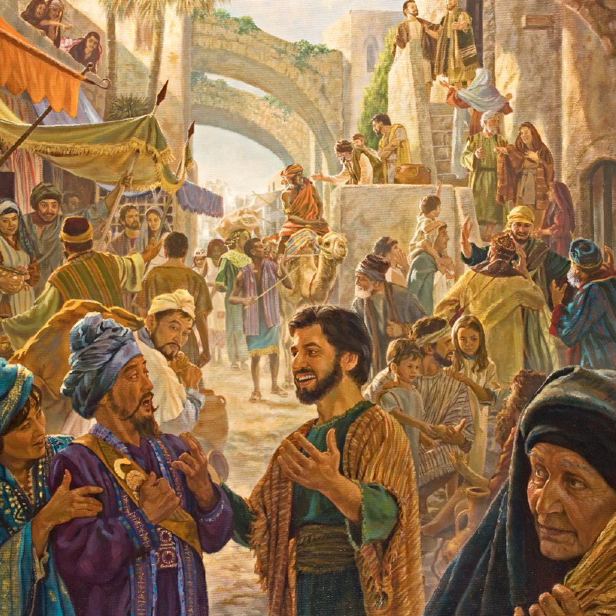People converse on a crowded street in Jerusalem at Pentecost 33 C.E.