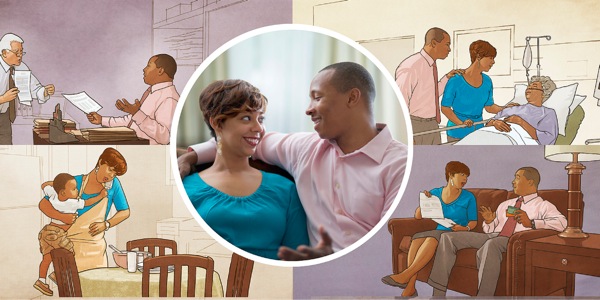 1. A happy couple talks together; 2. The same couple dealing with everyday troubles of employment, child care, financial difficulties, and family health problems