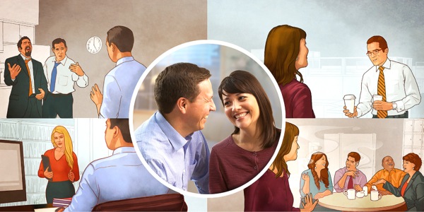 1. A happy couple laughs together; 2. The same couple facing temptations during work hours and avoiding unnecessary association with non-Witness workmates