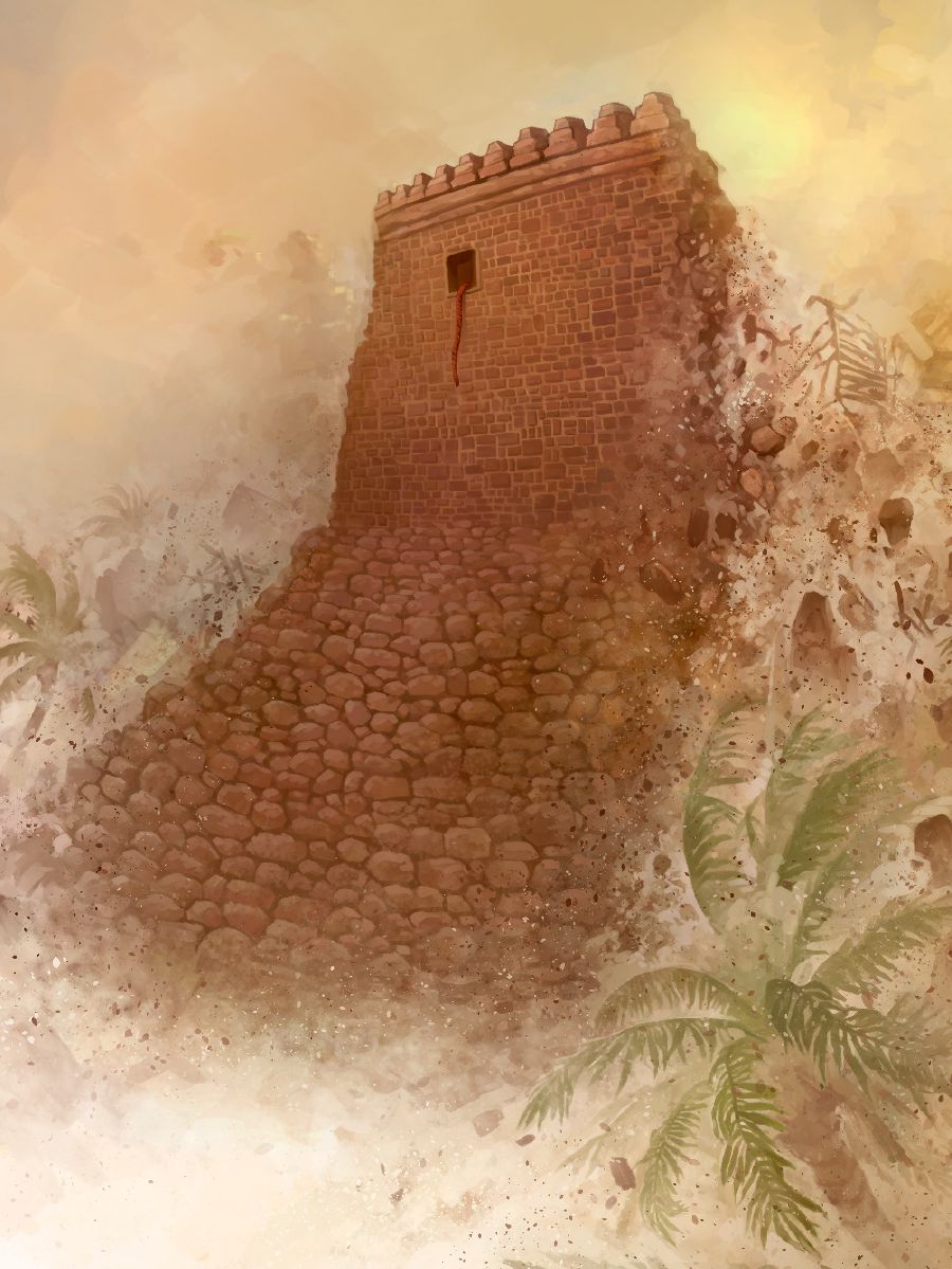 Rahab’s house, with a red cord tied in the window, remains standing while the walls of Jericho crash down