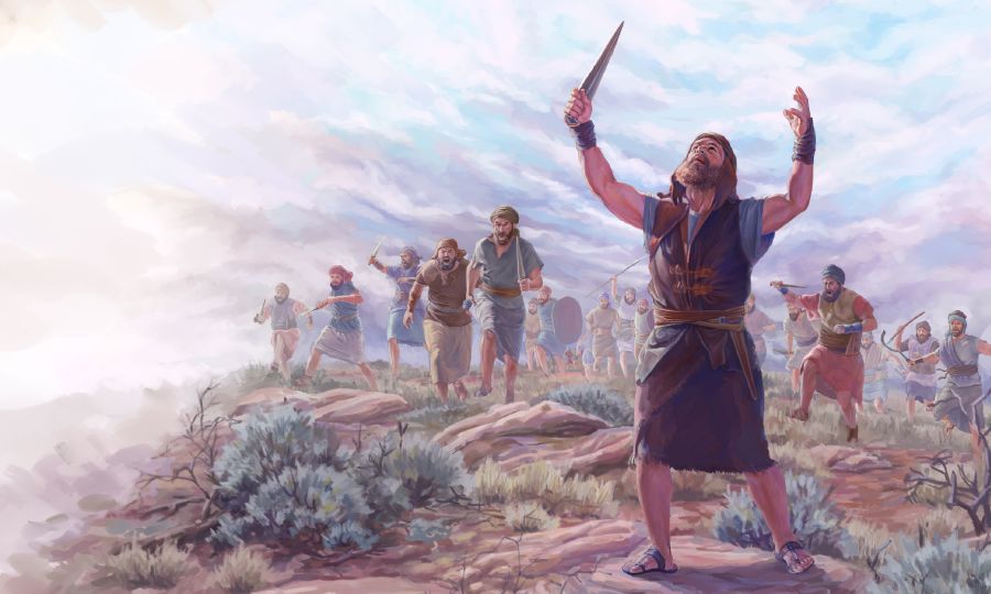 Joshua looks heavenward and asks Jehovah to make the sun stand still