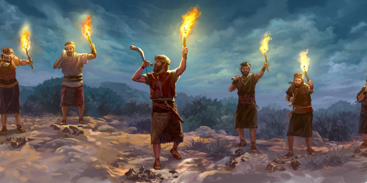 Gideon and his men blow horns, smash jars, wave torches, and shout