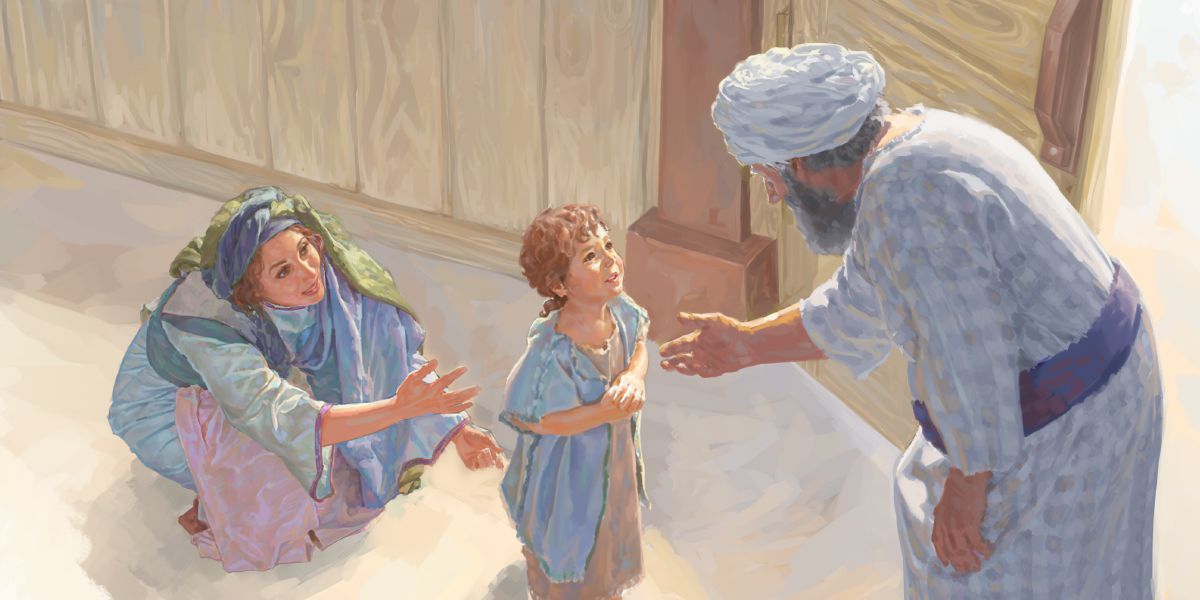 Hannah presents little Samuel to Eli at the tabernacle